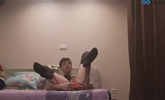 Crossdresser in Black Stockings Pleasures Dildo Fantasy